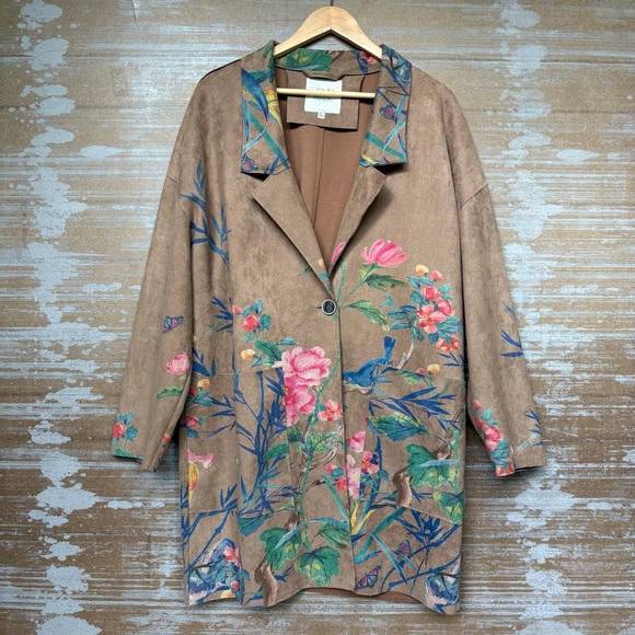 John Mark Floral Bird Faux Suede Blazer Artsy Boho Art to Wear Womens XL - Picture 1 of 7